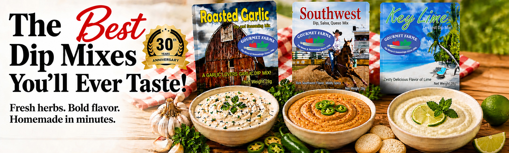 Gourmet Farms dip mix packets with prepared dips