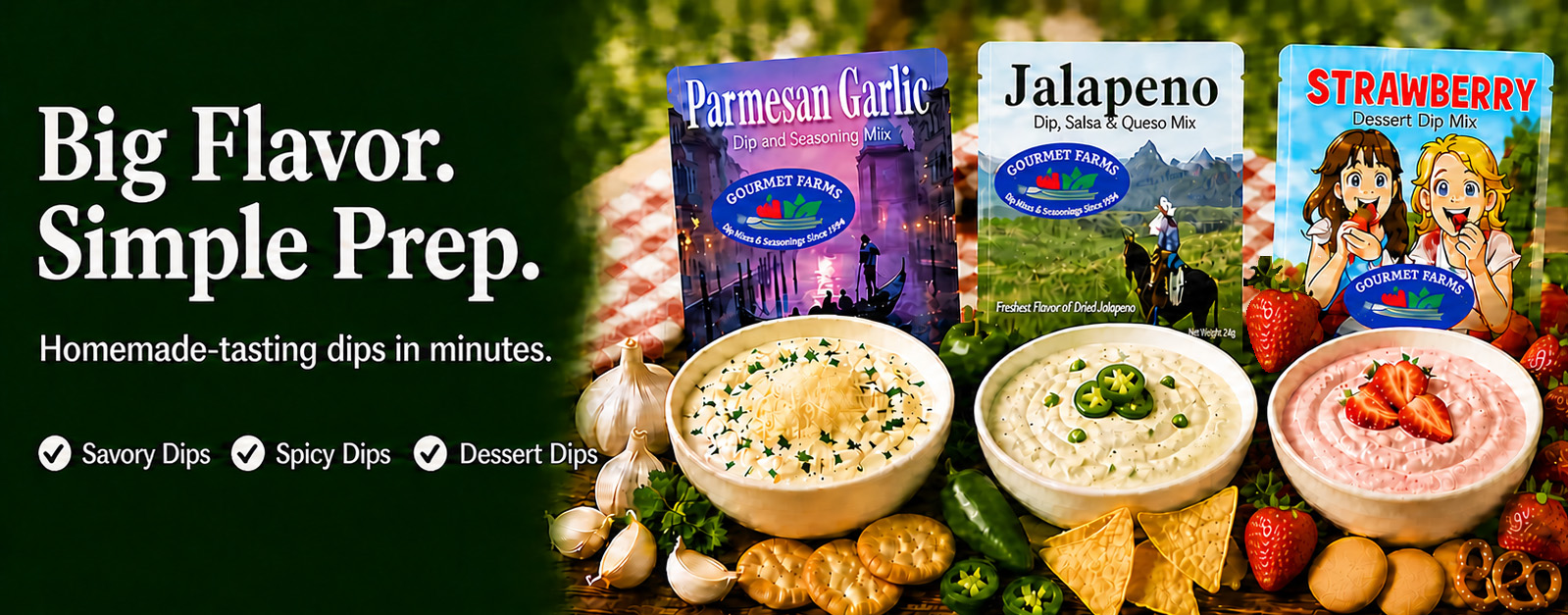 Gourmet Farms dips in bowls with fruit veggies crackers and dip packets 