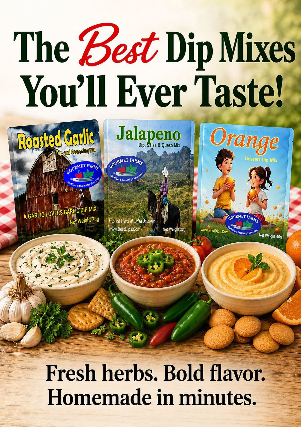 Gourmet Farms dip mix packets with prepared dips 