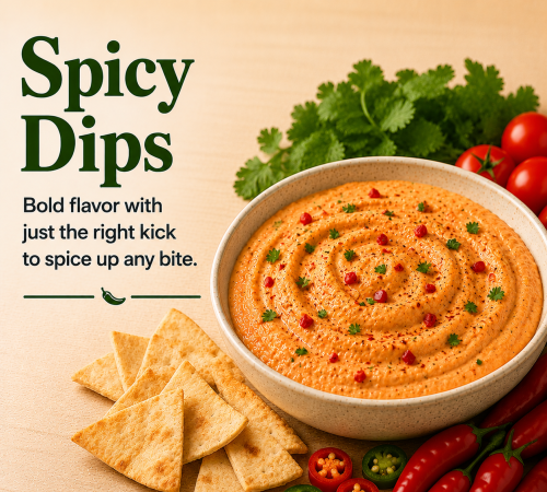 Spicy Dip Mix in bowl with pita chips and herbs 